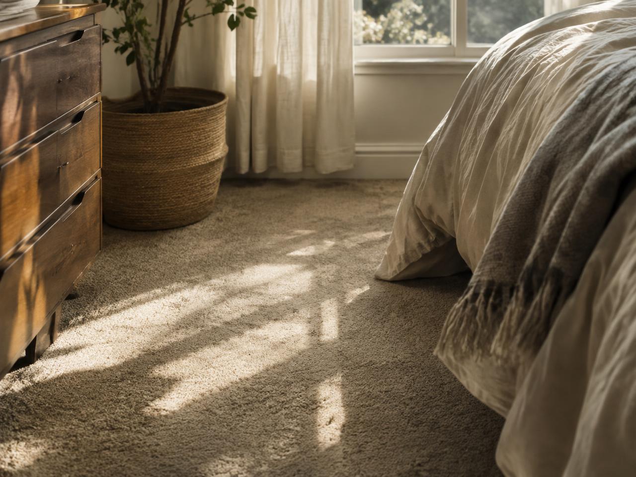 Bedroom corner with soft beige carpet in afternoon light (illustrative image)
