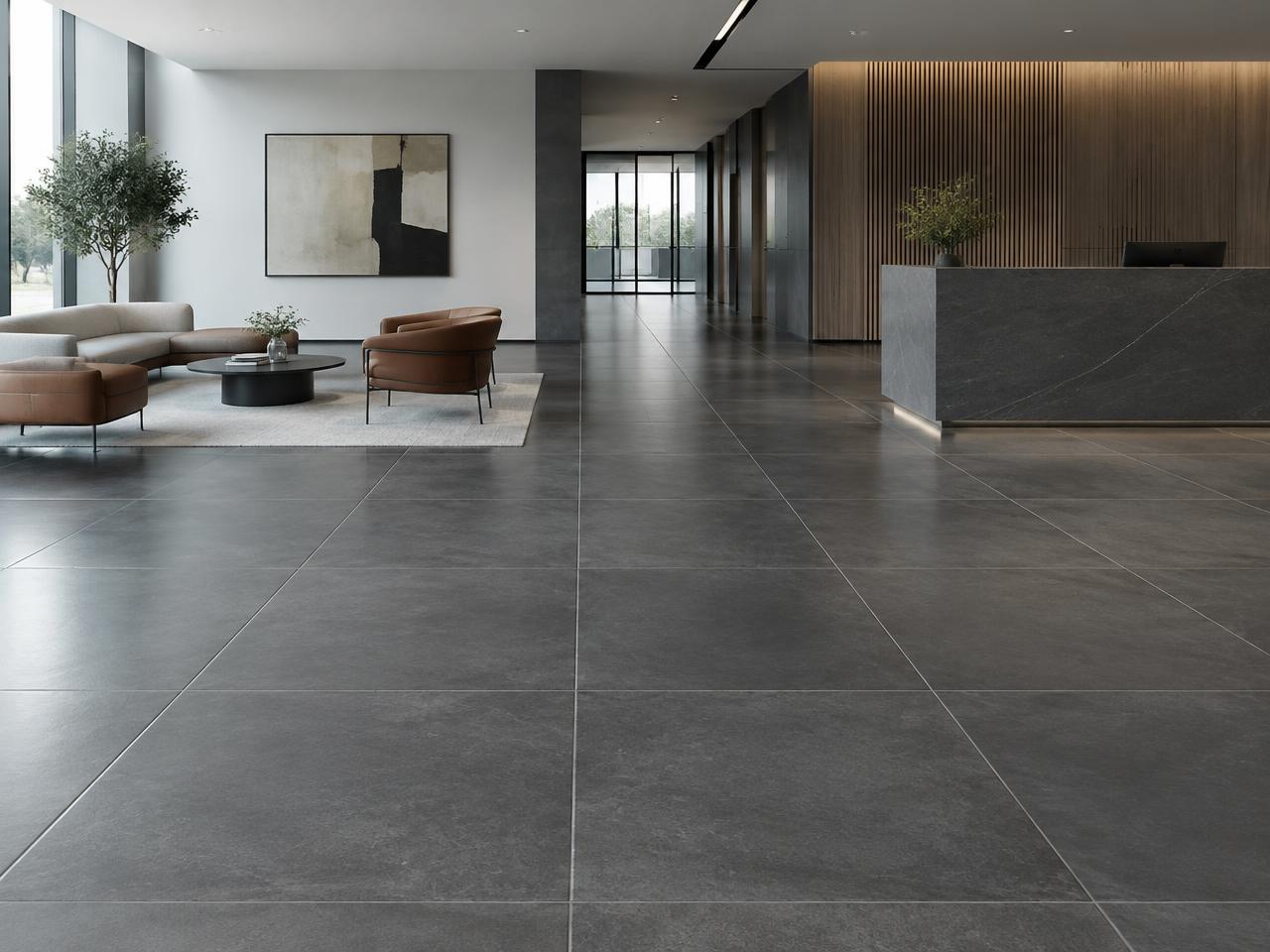 Modern office lobby with large charcoal porcelain floor tiles (illustrative image)