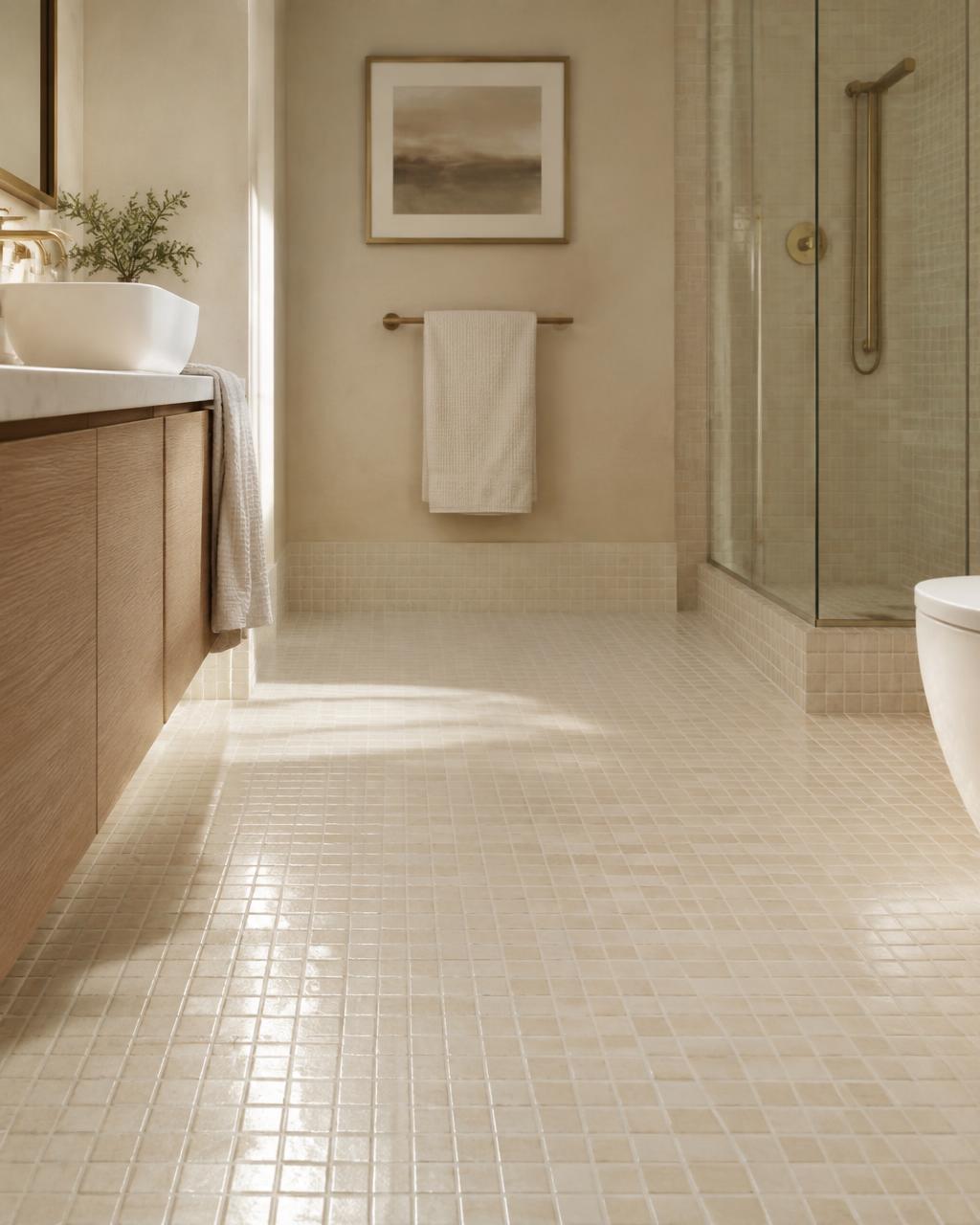 Bathroom floor with small white ceramic tiles and clean grout (illustrative image)