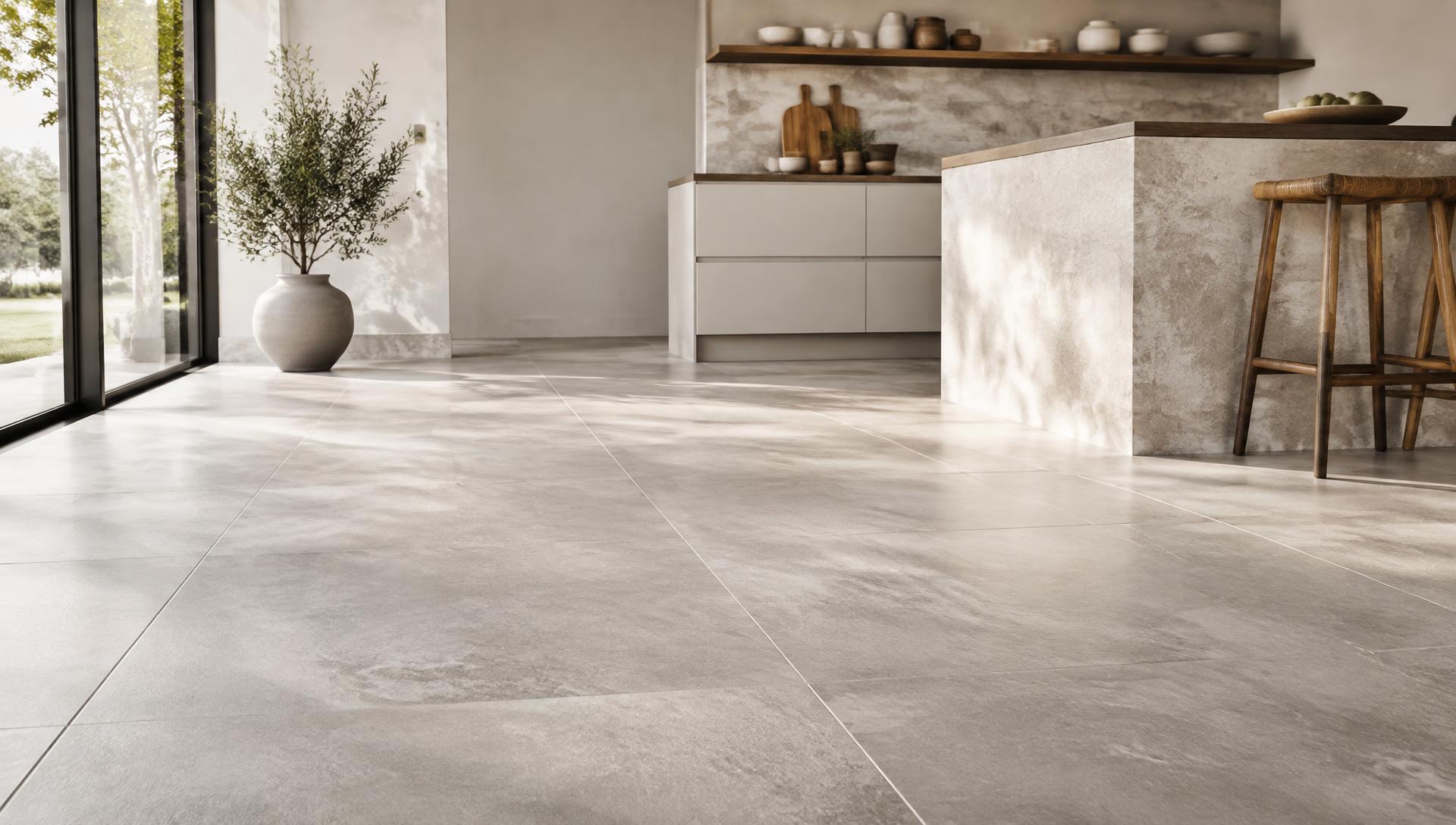 Large-format stone tile floor in a bright kitchen (illustrative image)