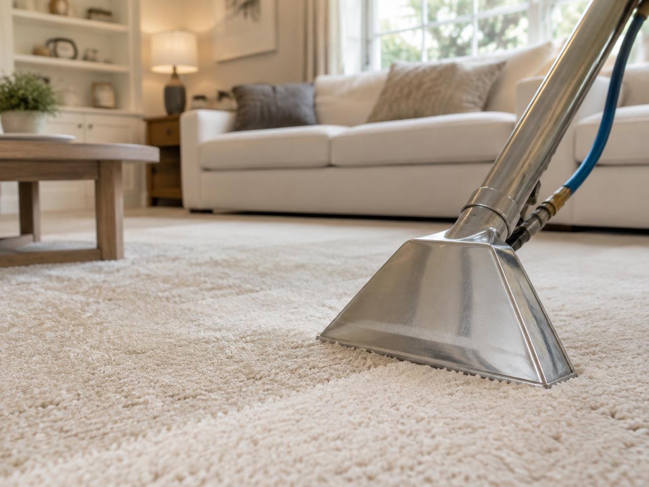 Carpet cleaning wand on a cream carpet in a living room (illustrative image)